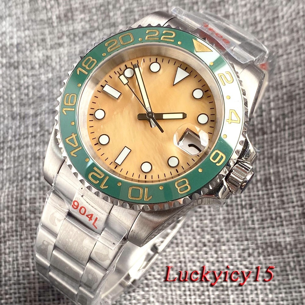 40mm Bliger Japan NH35A Automatic Mens Watch Green Rotating Bezel Ceramic Yellow