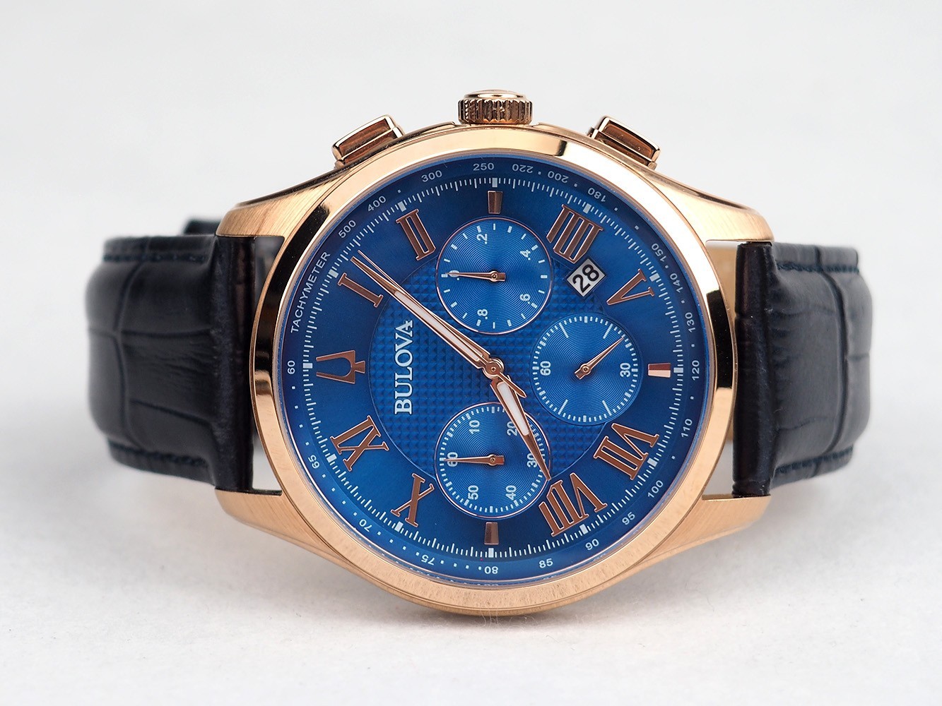 Men’s Bulova Classic Wilton 97B170 Blue Dial Leather Strap Watch 46.5mm w/ Box