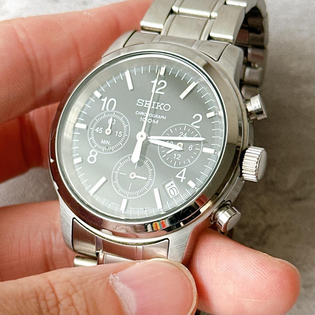 Seiko Chronograph Quartz Black Dial Sport Watch 39mm Wrist 17cm Used