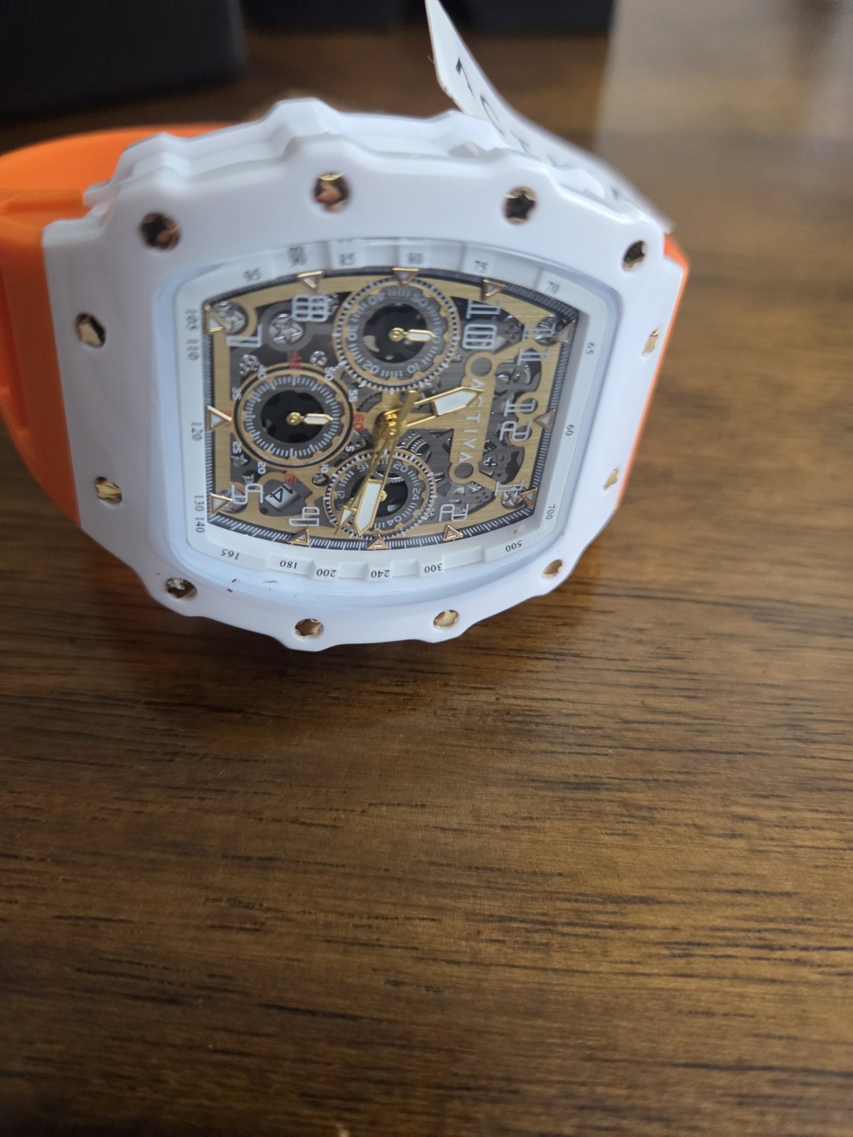activa chronograph quartz sports watch gold/black dial orange rubber 50m