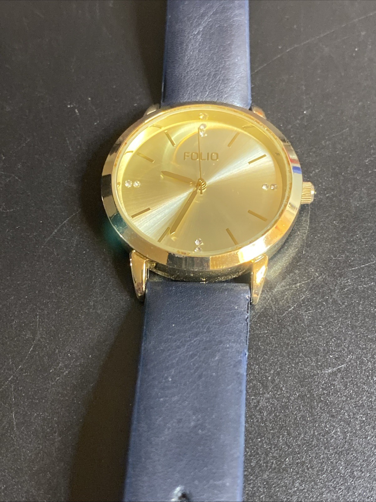 Folio Gold Tone Faux Leather Band Gemmed Men’s Watch New Battery