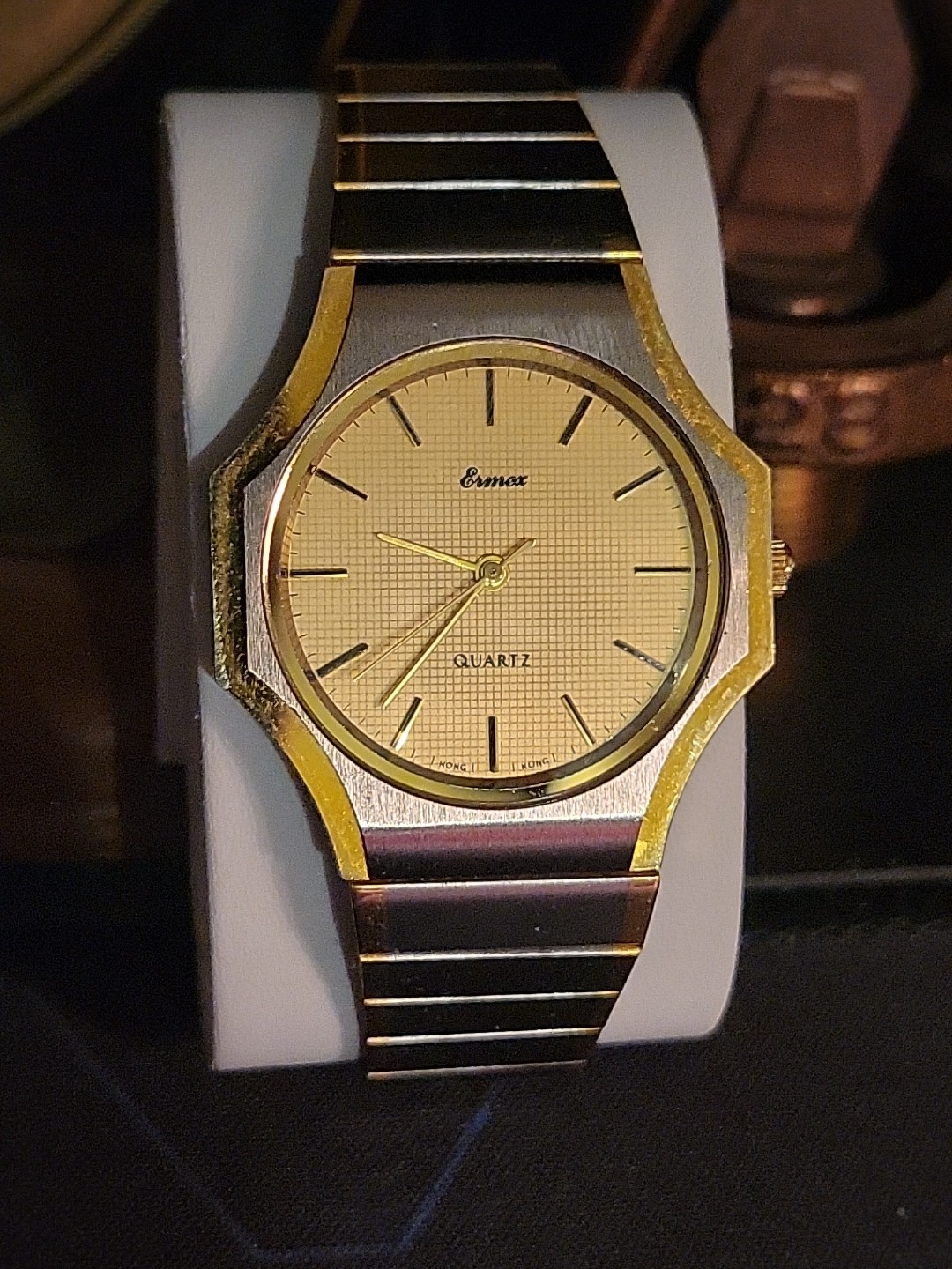 Ermex Watch 1986 NOS Gold Toned Circular Square Brushed Silver Works Mint Aristo