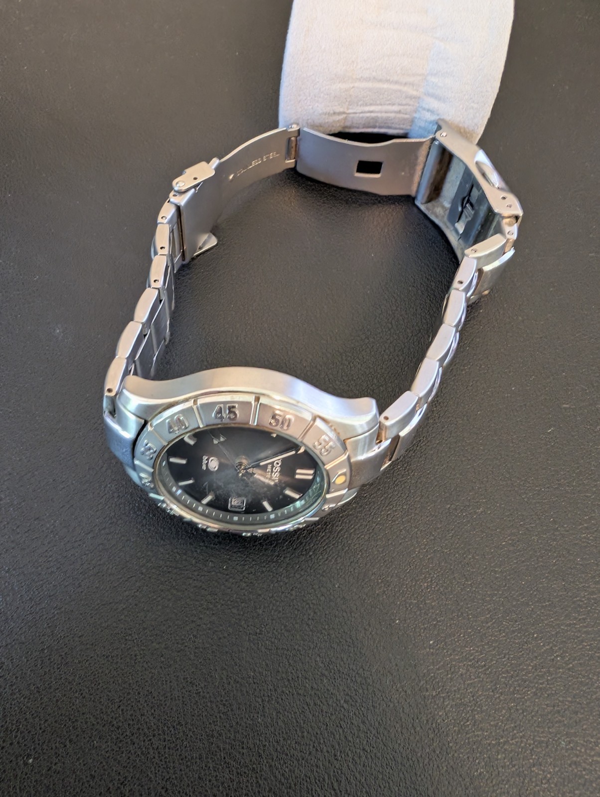 Vintage Fossil Blue AM-3726 Stainless Steel Men Watch Gray Dial – Running
