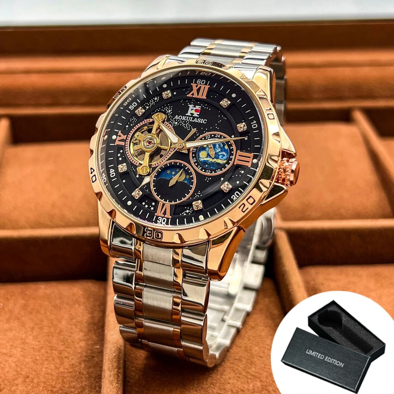AOKULASIC Tourbillon Skeleton Mechanical Watches Starry Sky Moon Phase Dial Stee