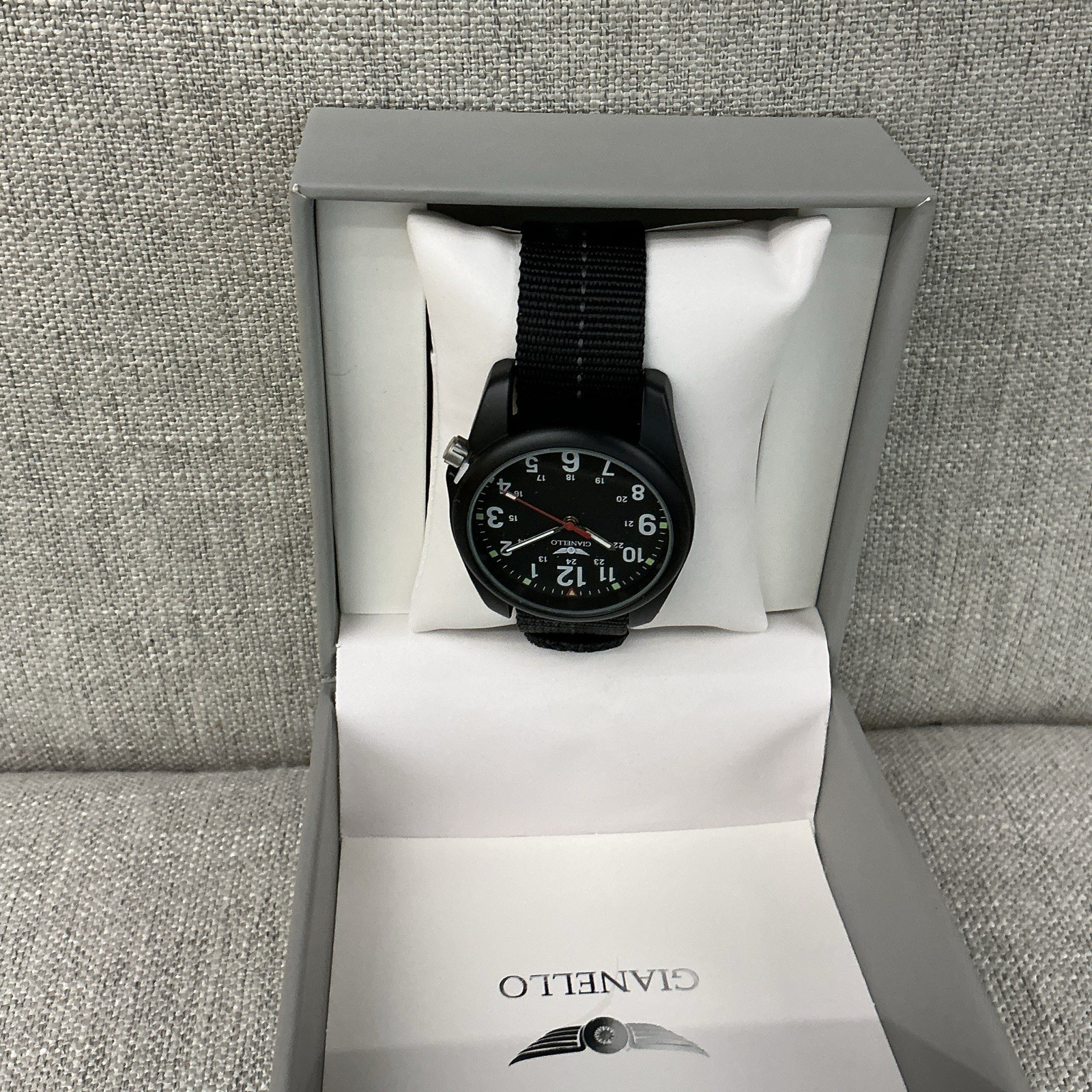 Gianello Quartz Analog Wristwatch 40mm Black Dial Black Nylon Strap w/Box