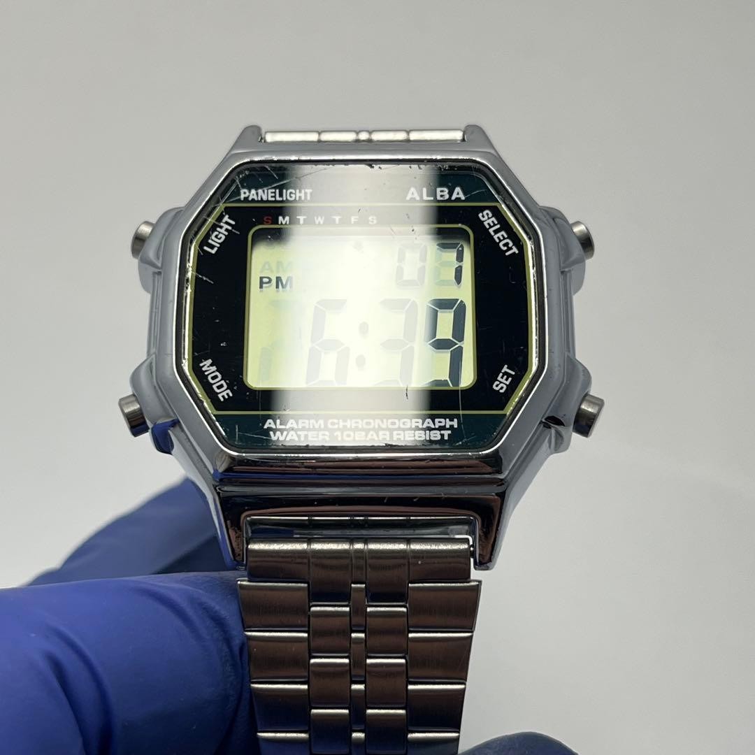 ALBA W136 4A20 Digital Silver Square Y2K 10BAR Men’s Watch Auth