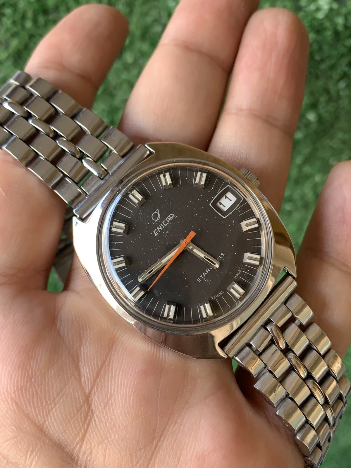 Vintage Enicar Ocean Pearl Watch Stainless Steel Star Jewels Dial 36mm Men 1960s
