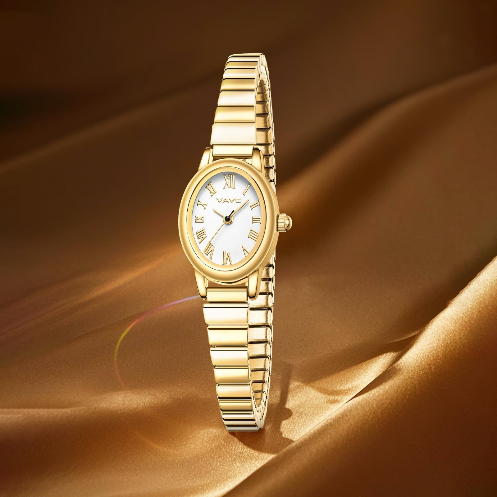 Elegant Gold Women’s Watch – Analog, Stainless Steel Expansion Band, Oval Case,