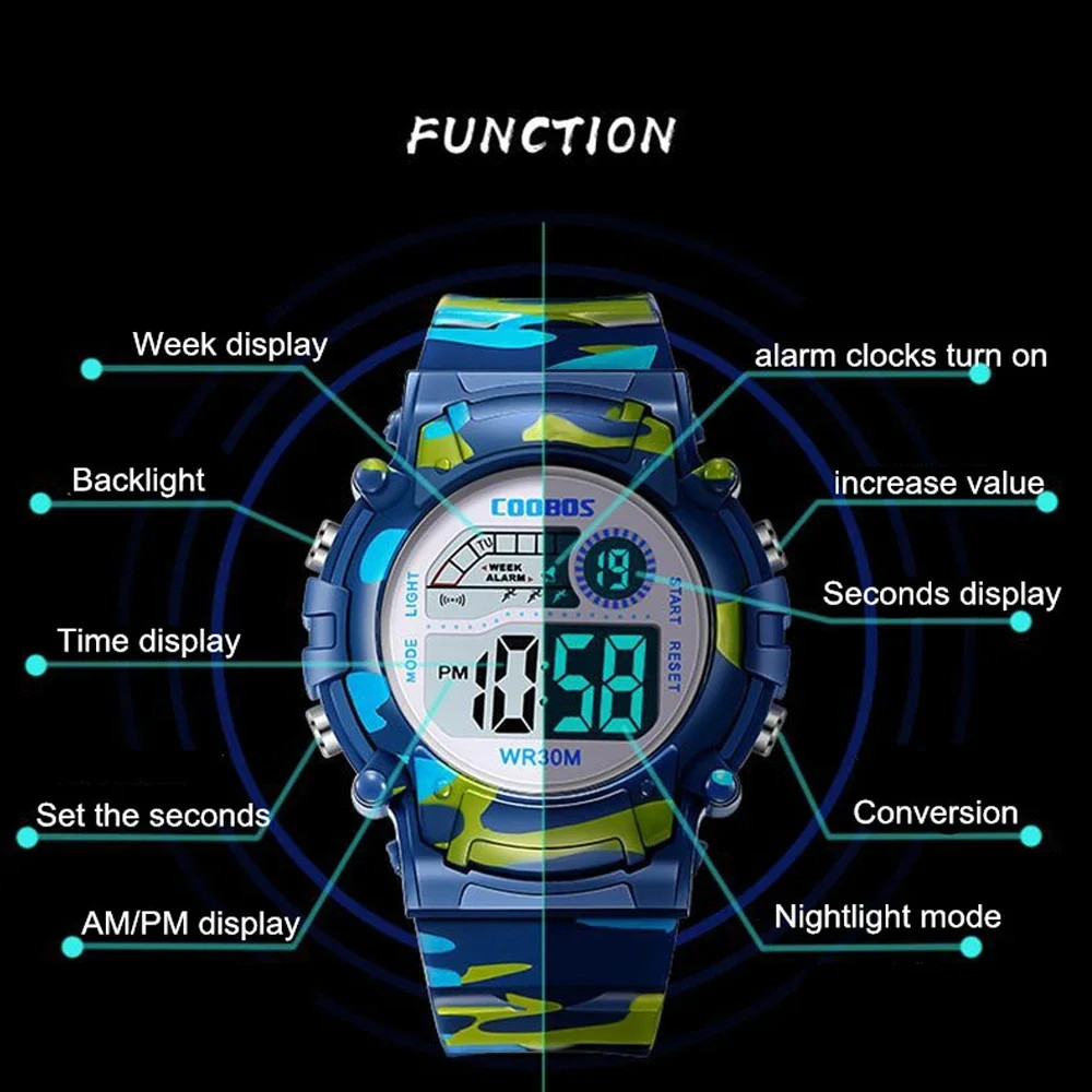 Kids Digital Sport Watch LED Waterproof Luminous Multifunction Wristwatch
