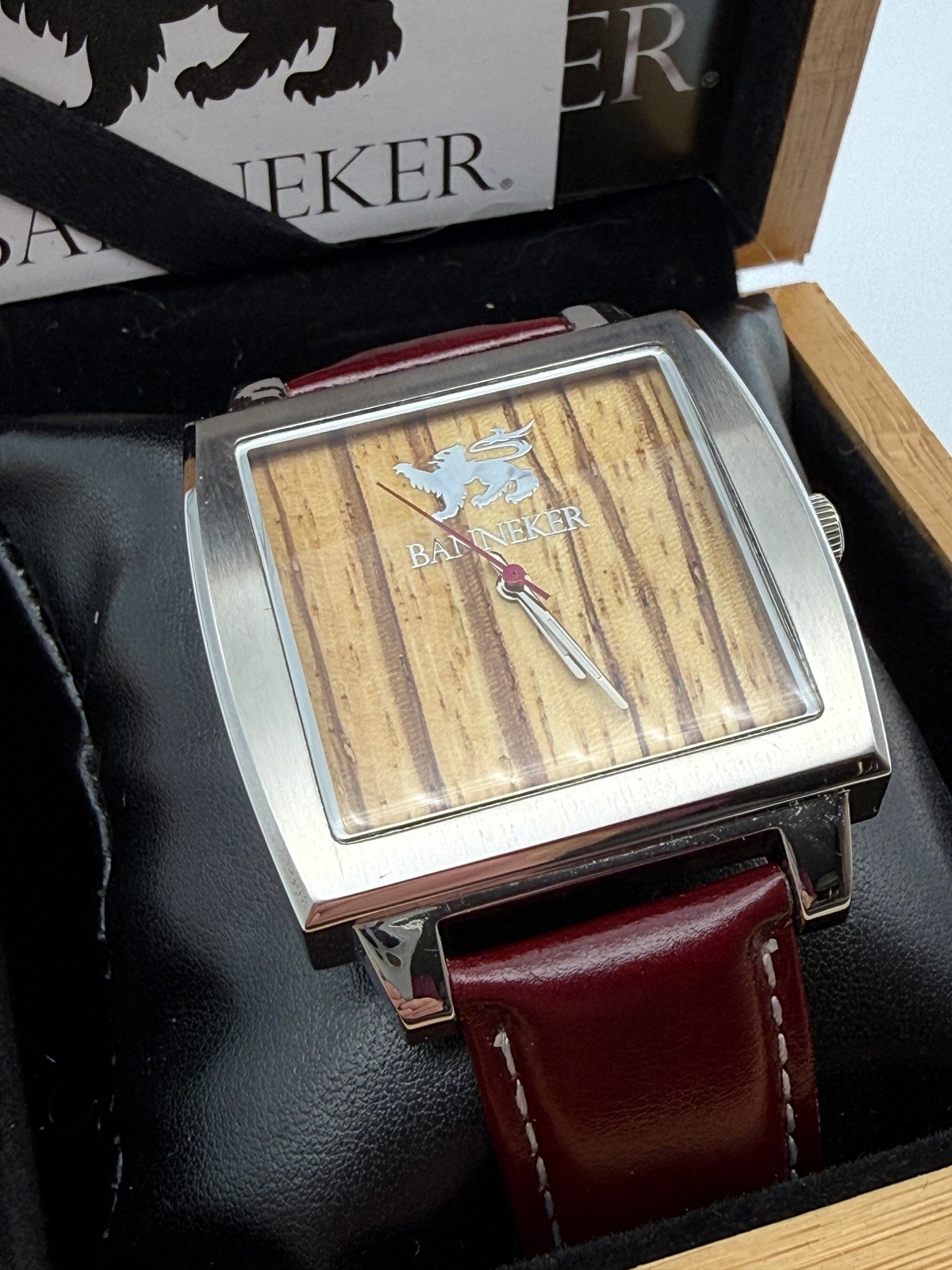 Banneker Baller Burgundy Watch Zebra Wood Dial Leather Numbered Series Unisex