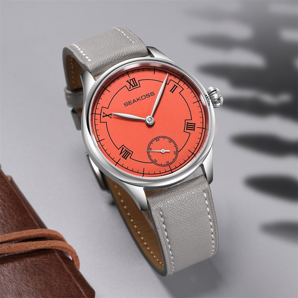 SEAKOSS Manual Wind Mechanical Watch Orange Roman Dial Small Seconds Gray Leathe