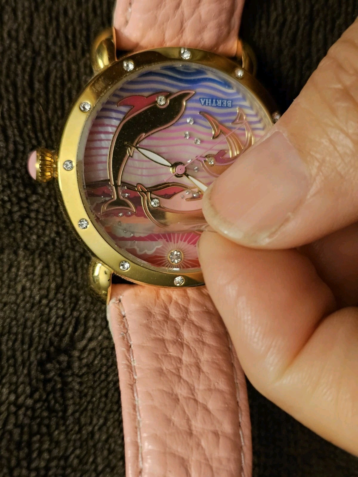 NEW Bertha BR5105 Women’s Estella Pearl Dolphin Dial Pink Strap Rose Gold Watch