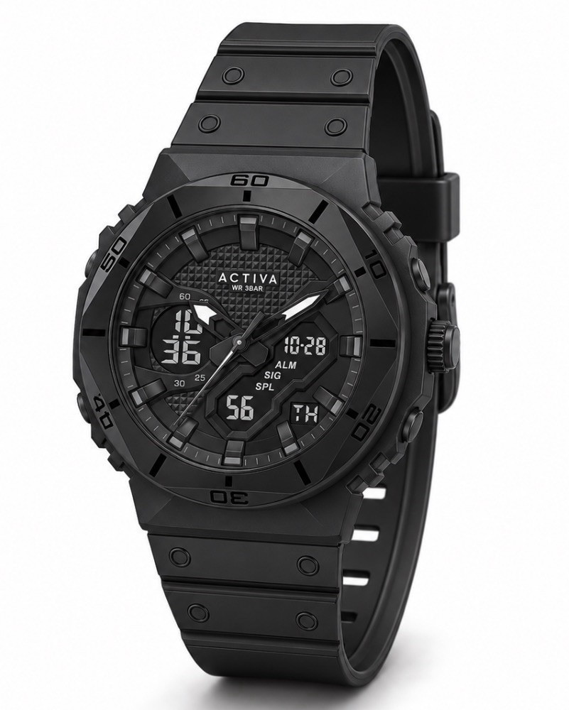 Activa Men’s Analog-Digital Alarm Day/Date 30m Sport Watch Black Rubber Strap