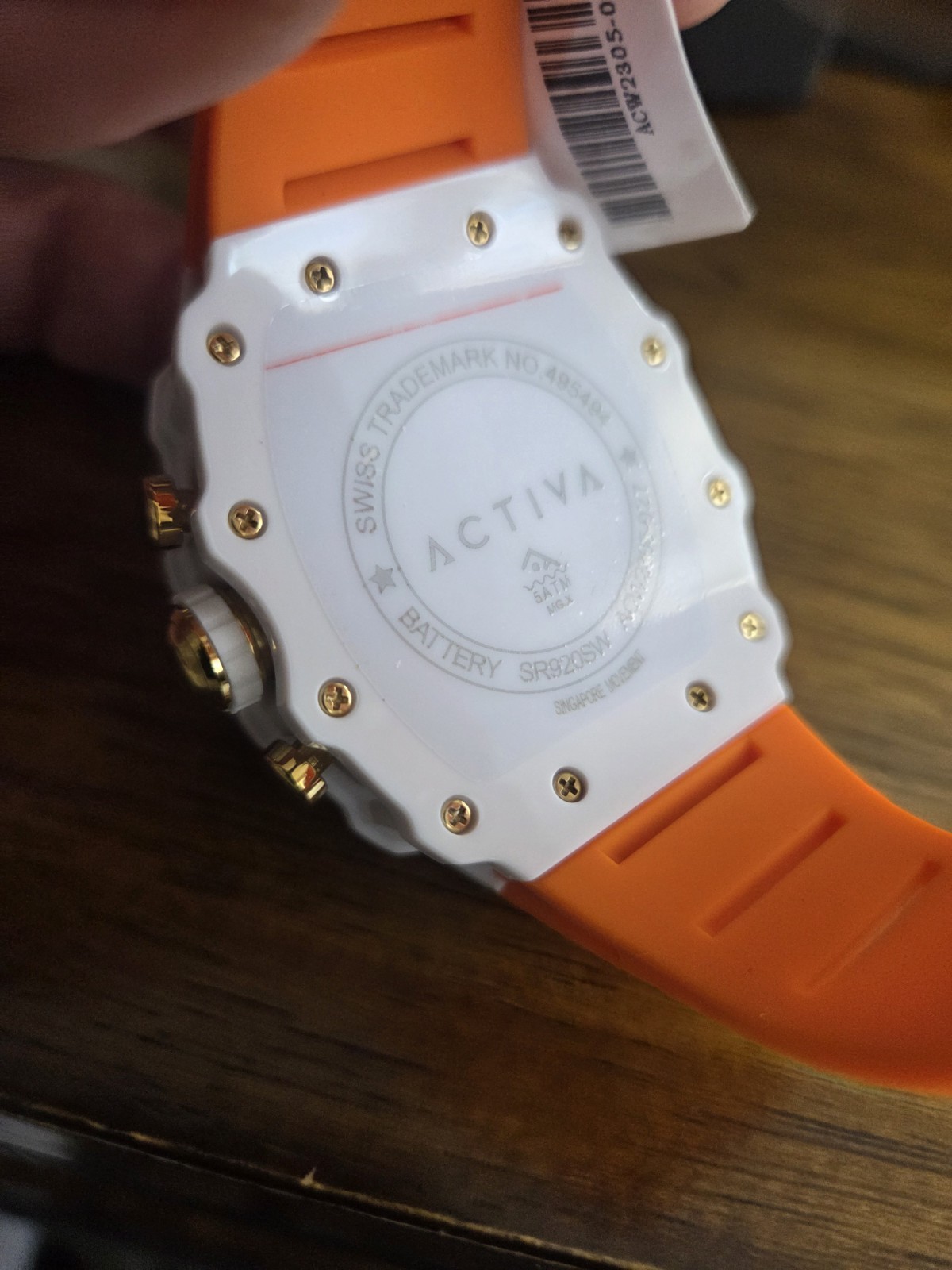 activa chronograph quartz sports watch gold/black dial orange rubber 50m