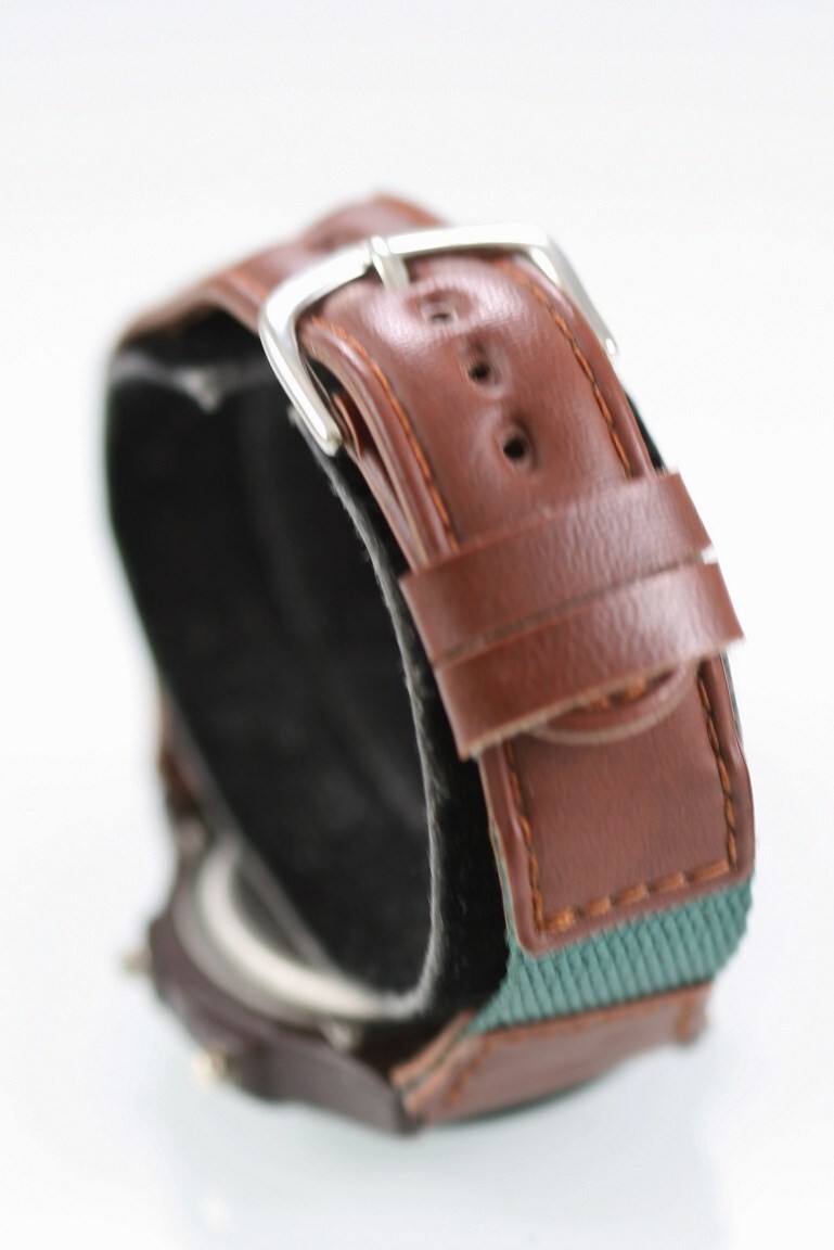 Ultimate Men Watch Plastic Green Brown Leather 30m Date Chron Alarm Light Quartz