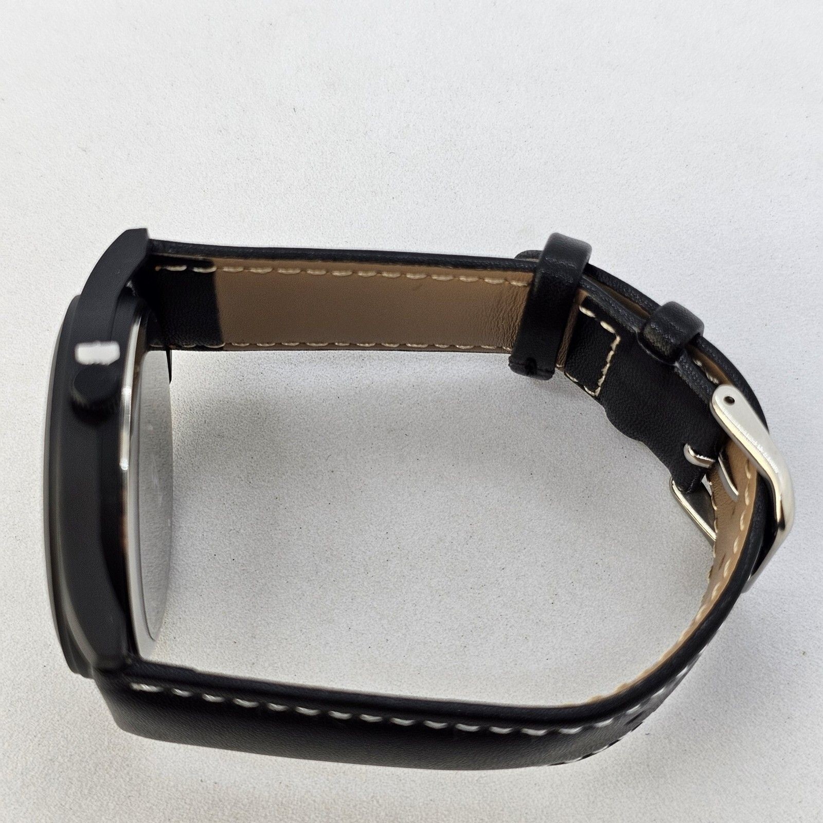 Men’s Field Watch 42MM Large Case Black Dial Black White Leather Band Straps