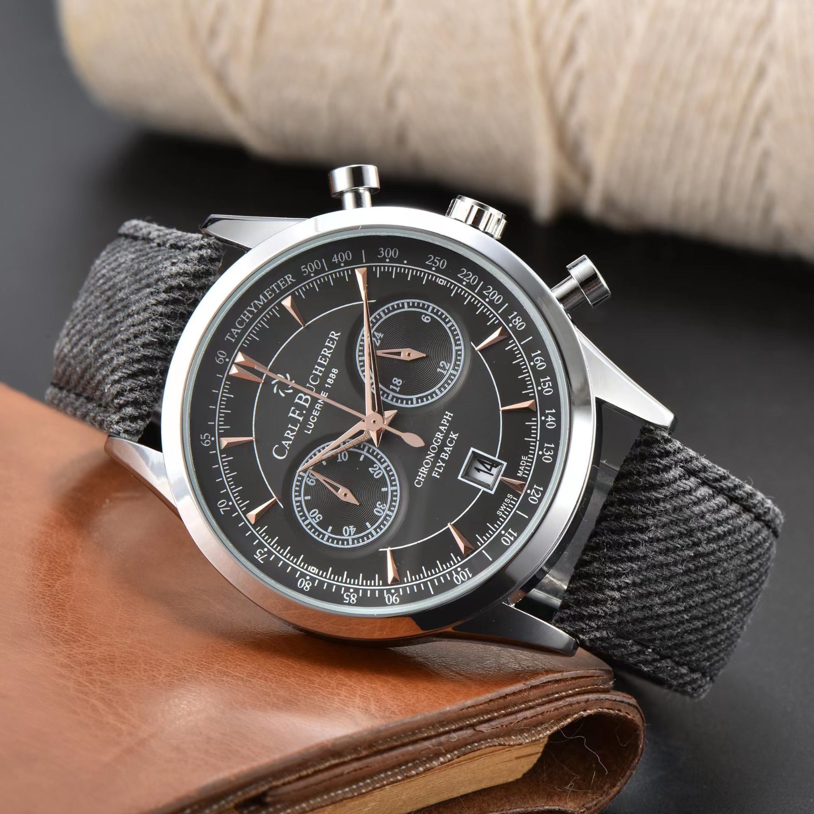 Carl F. Bucherer style chronograph watch Burgundy sub dial nylon strap