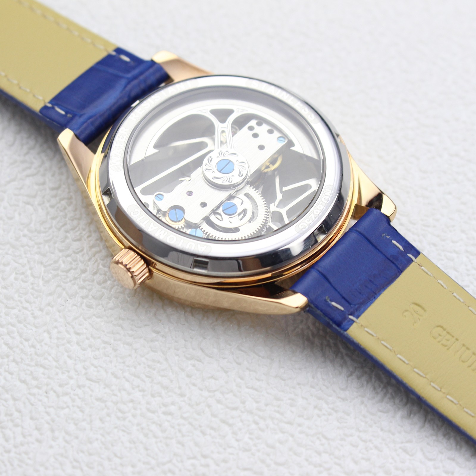 41mm Watch Skeleton Flywheel Bridge Movement Automatic Mechanical Blue