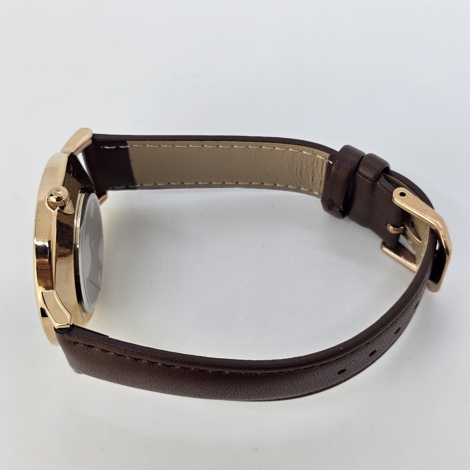 Men’s Watch 40MM Gold Case Blue Dial Brown Leather Band Straps Date Indicator