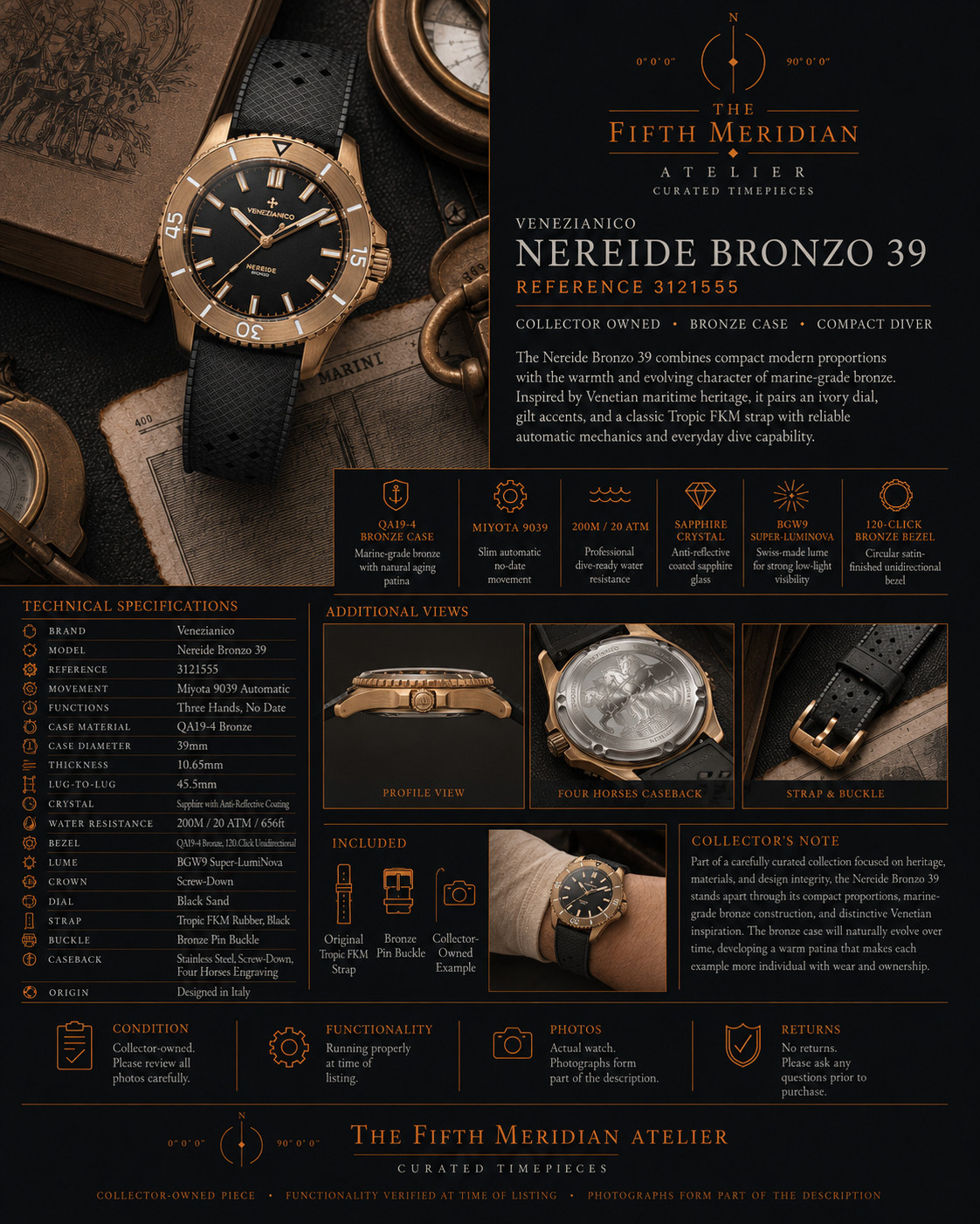 Venezianico Nereide Bronzo 39 3121555 Bronze Automatic Diver 200M Watch