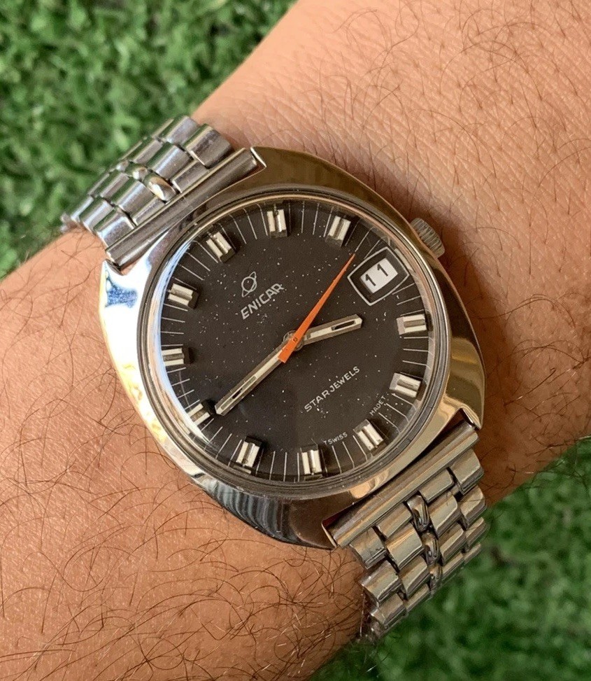 Vintage Enicar Ocean Pearl Watch Stainless Steel Star Jewels Dial 36mm Men 1960s