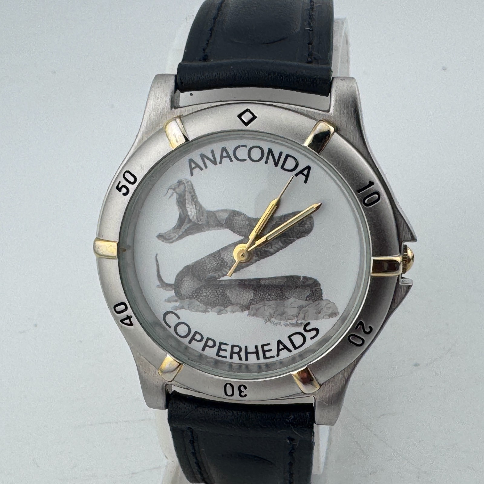 VTG Anaconda Copperheads Quartz Watch Men Silver Fixed Bezel Leather New Battery