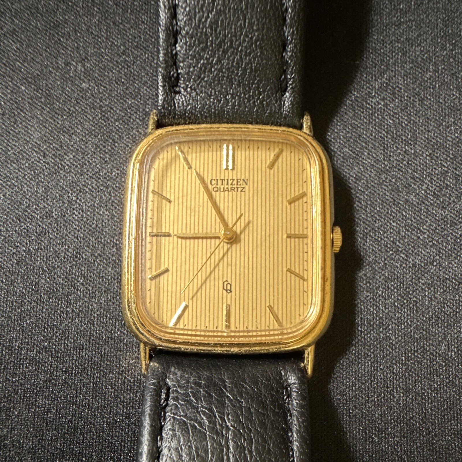 Citizen Quartz Mens Gold Tone Square Analog Watch Black Leather Strap