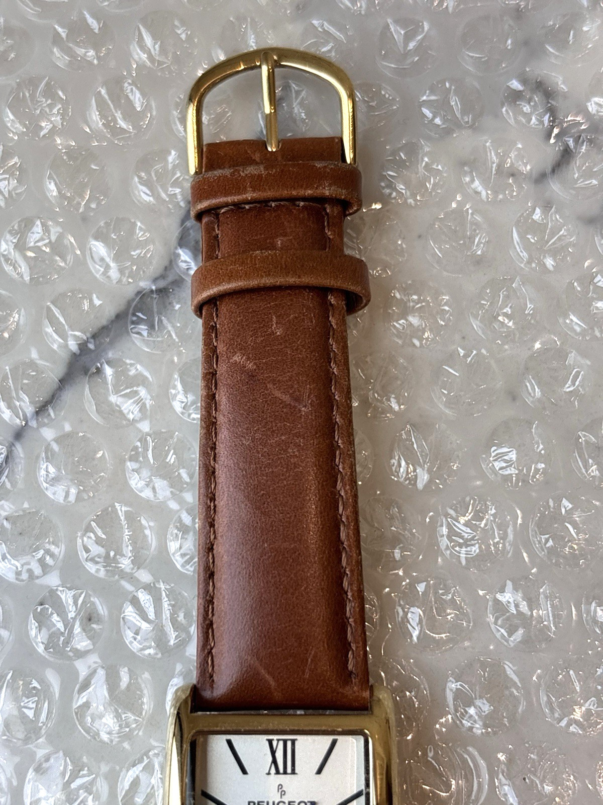 Peugeot Women’s Tank Watch Blue Hands Leather Band, Gifts for Her