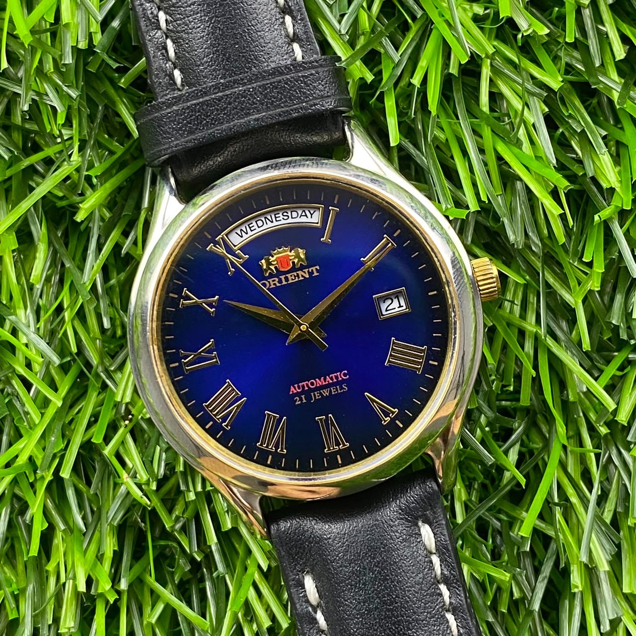 RARE Orient President Automatic Day Date Blue Dial Roman Day Date Leather Watch