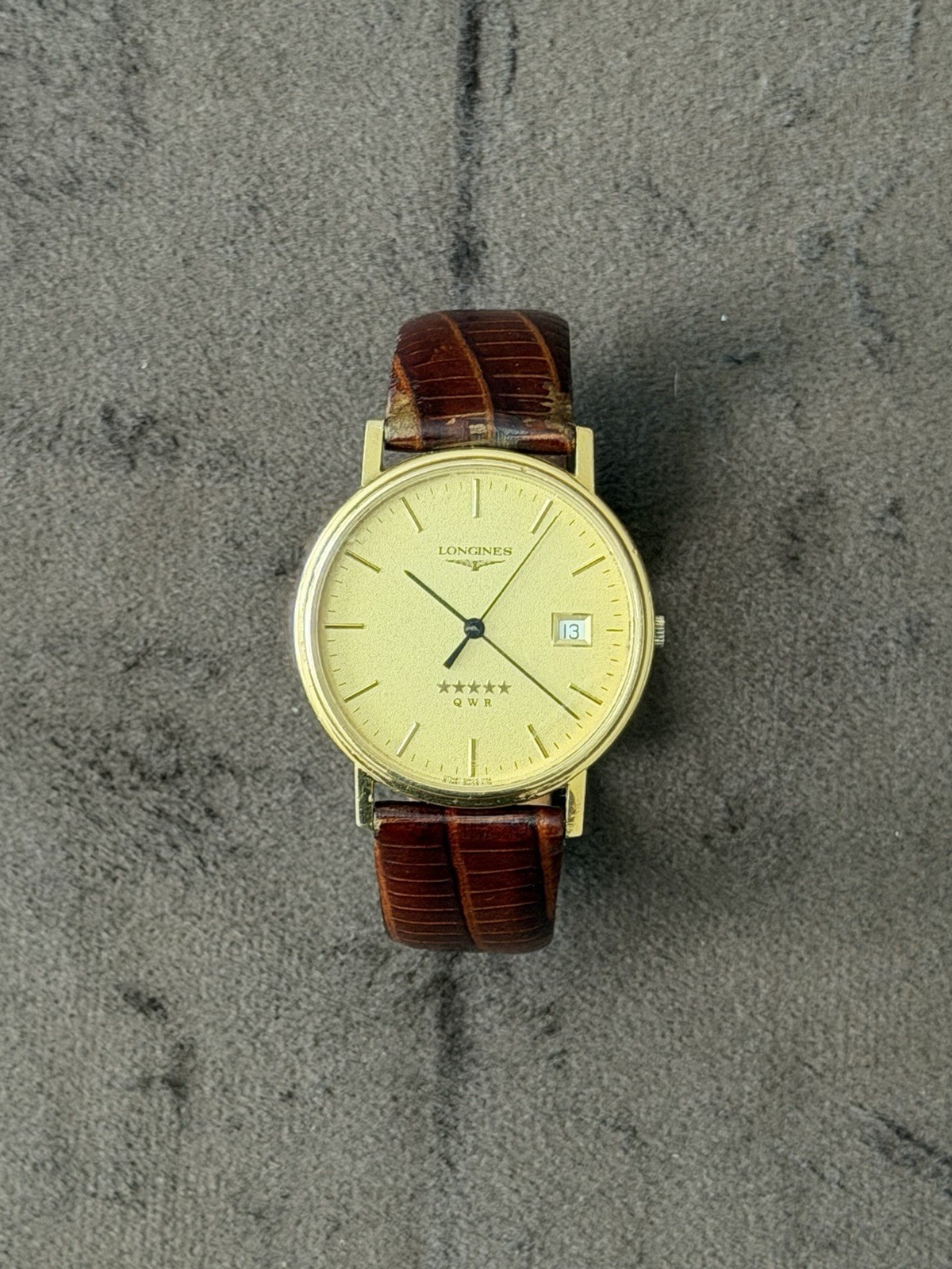 Longines Flagship Men’s Quartz Gold Plated Watch Gold Dial Date Brown Leather