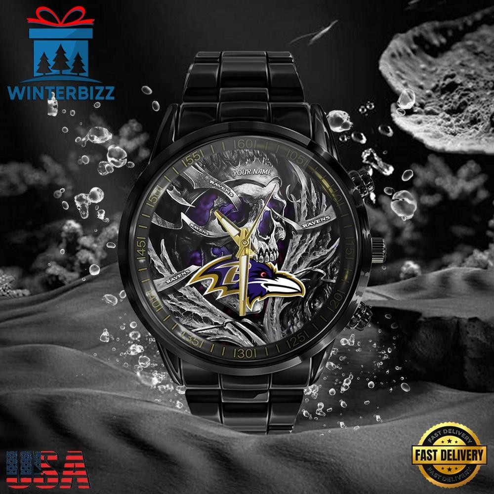 Custom Name Baltimore Football Team Ravenss Men Black Stainless Steel Watch