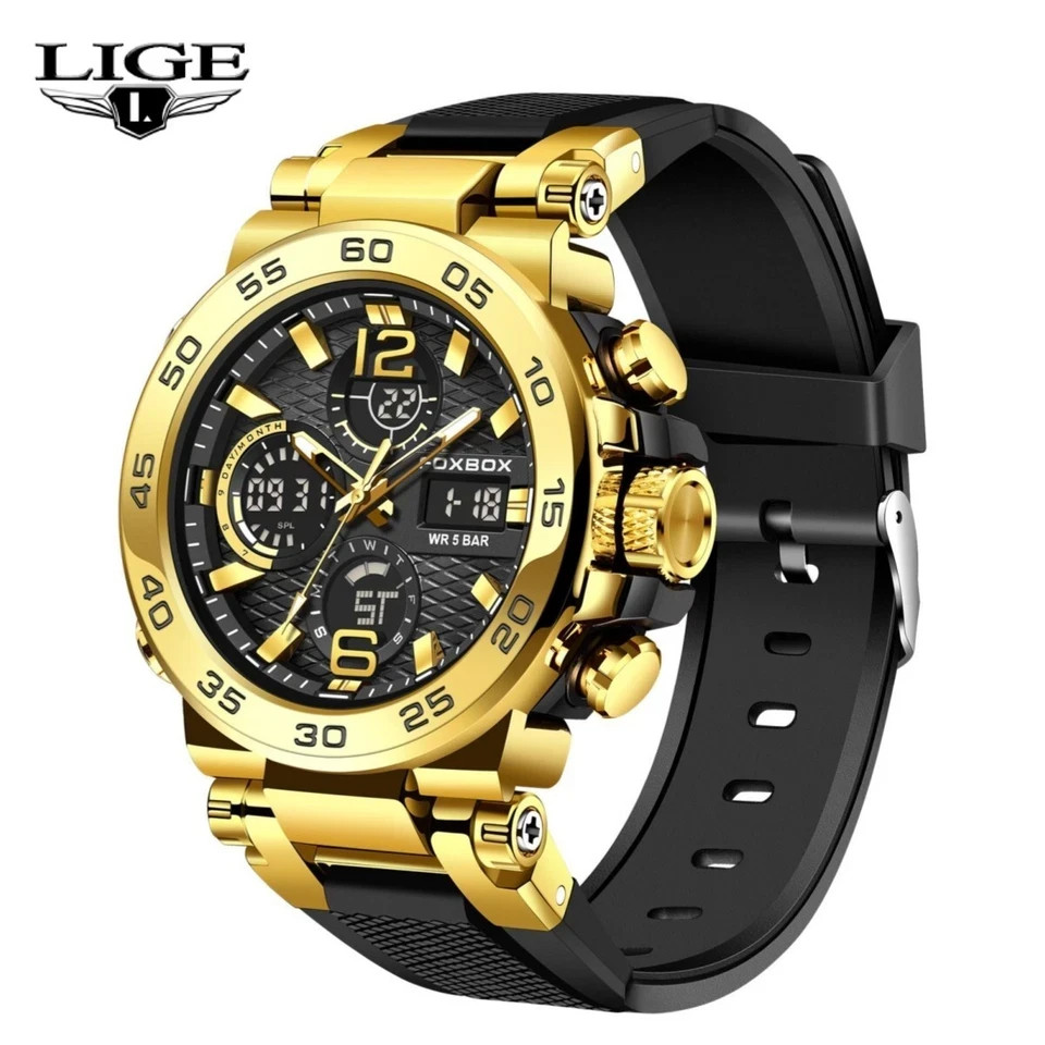LIGE FOXBOX Men Watch Quartz LED Digital Analog Luminous Waterproof Wristwatch
