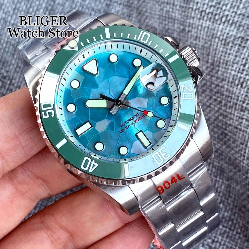 Gloss Shell Dial 200M Waterproof NH35 Men Dive Watch Lume Turquoise Green Steel