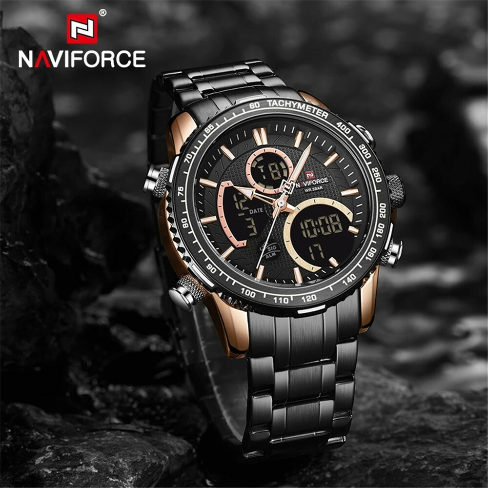 NAVIFORCE Men Sport Watch Big Dial Chronograph Quartz Wristwatch Steel Watches