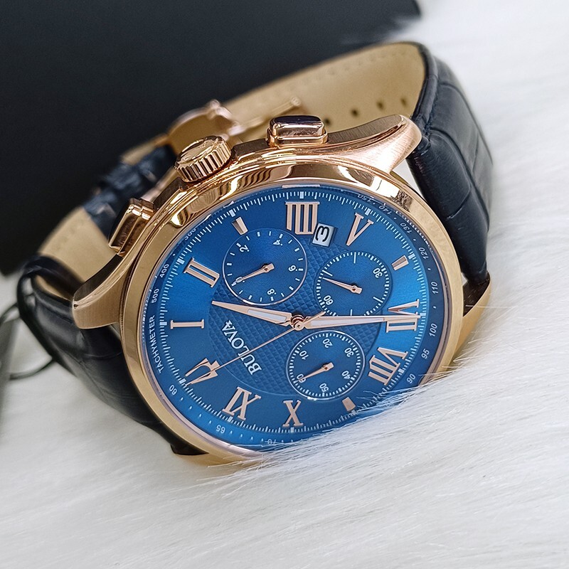 Men’s Bulova Wilton Blue Classic Chronograph 97B170 Quartz Leather Watch 46.5mm