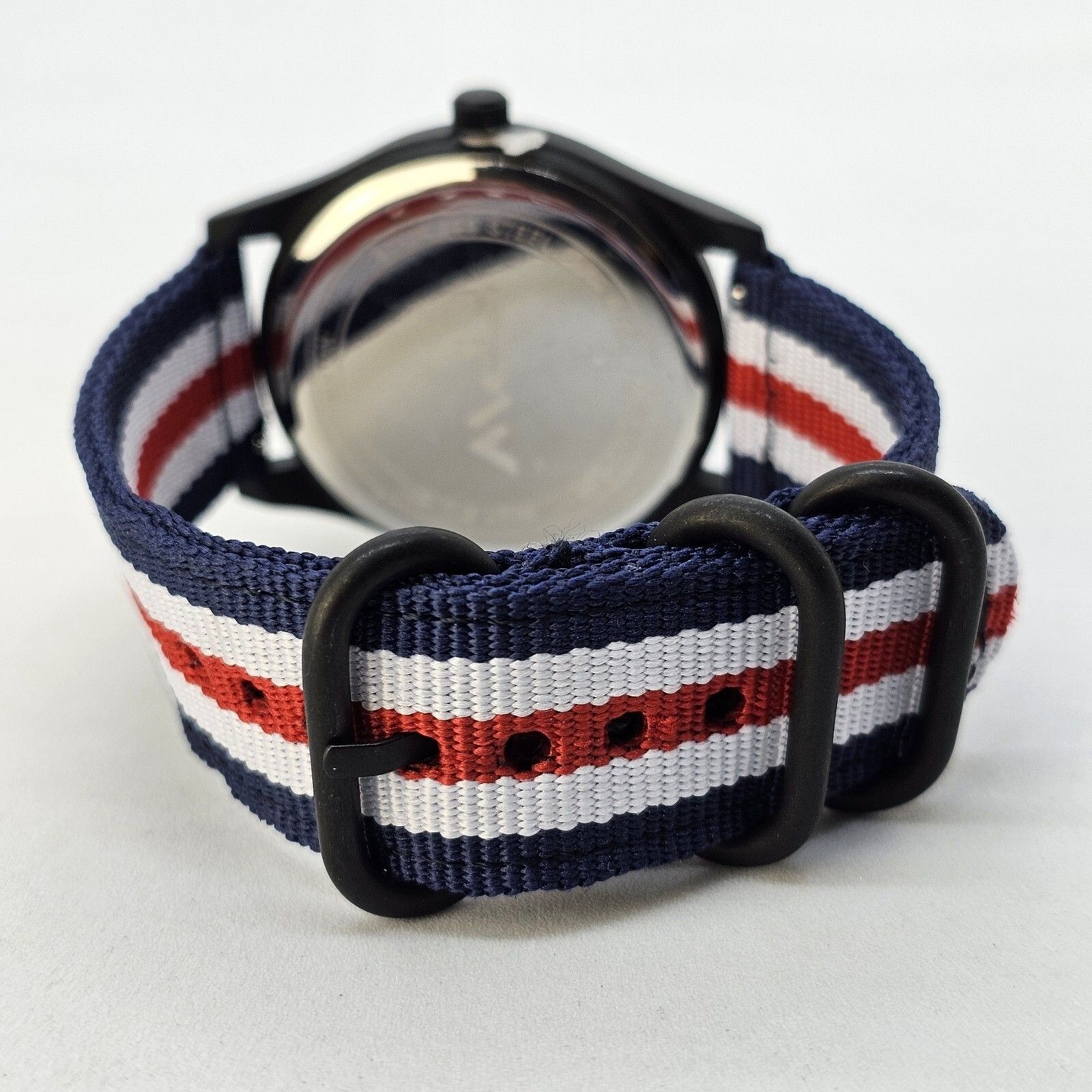 Field Men’s Watch 42MM Black Case Dial Blue White Red Canvas Band Straps NewBatt