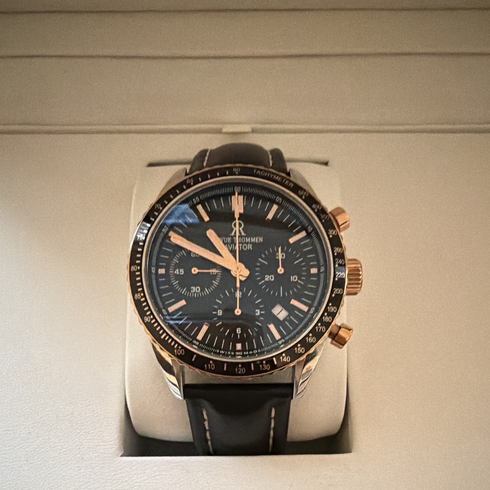 Revue Thommen Aviator Quartz Chronograph Tachymeter Black Dial Leather Box