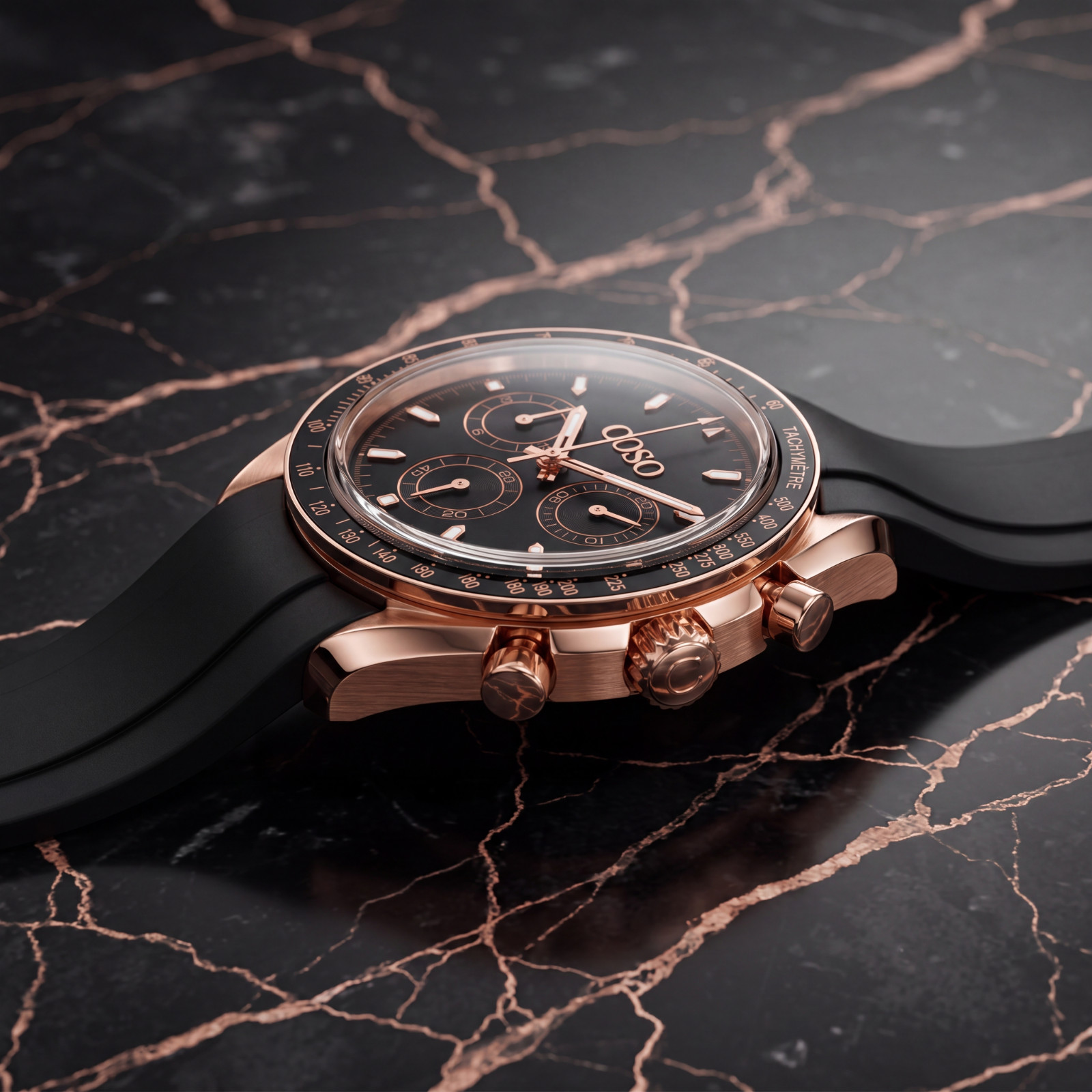 COSO Torvex Chronograph Mens Watch Rose Gold Black Dial Black Bezel Rubber Strap
