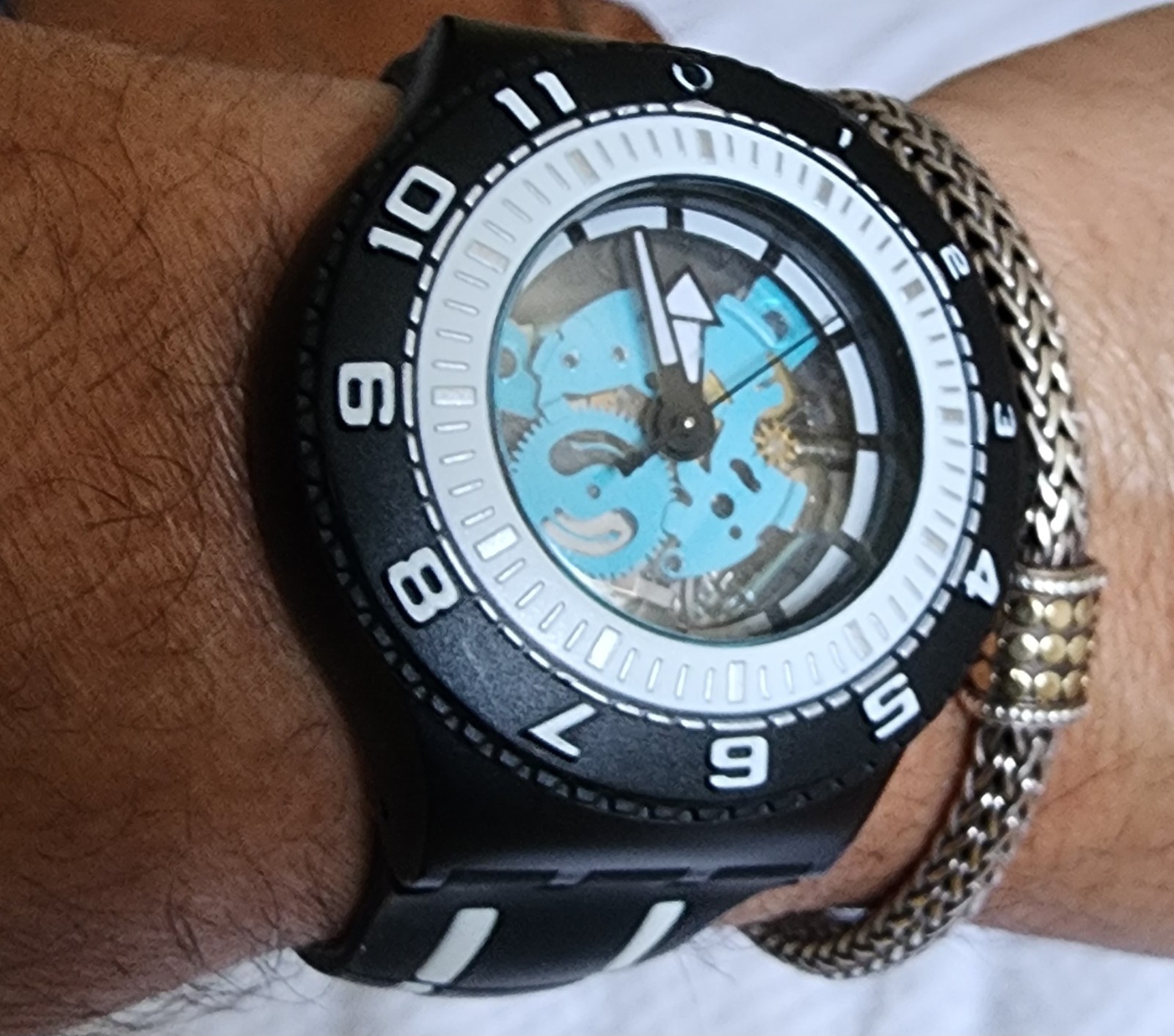 Swatch Irony Skeleton Swiss Made Quartz 40mm Skeleton Dial Rotating Bezel 30m