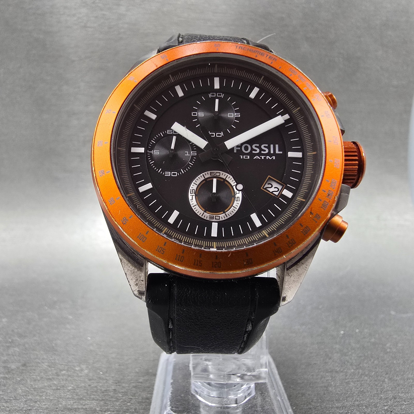 Fossil Chronograph Watch Men 43mm Black Dial Gray Tone Orange CH-2785 NewBattery