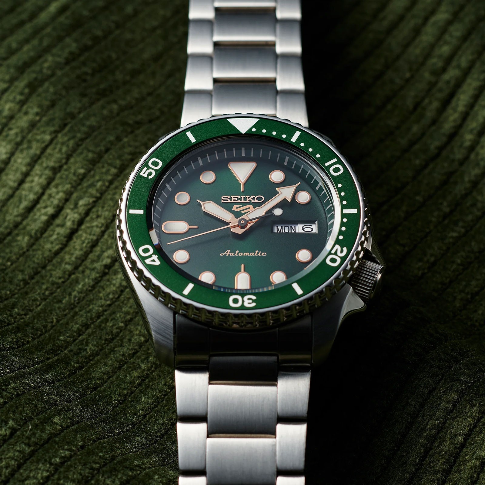 Seiko 5 Sports SRPD63 42.5mm Green Dial Rose Gold Automatic Mens Watch Steel SKX
