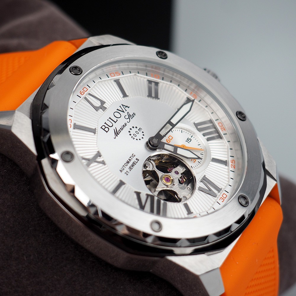 Bulova 98A226 Marine Star Orange Silicone Strap Men’s Automatic Watch 44 mm