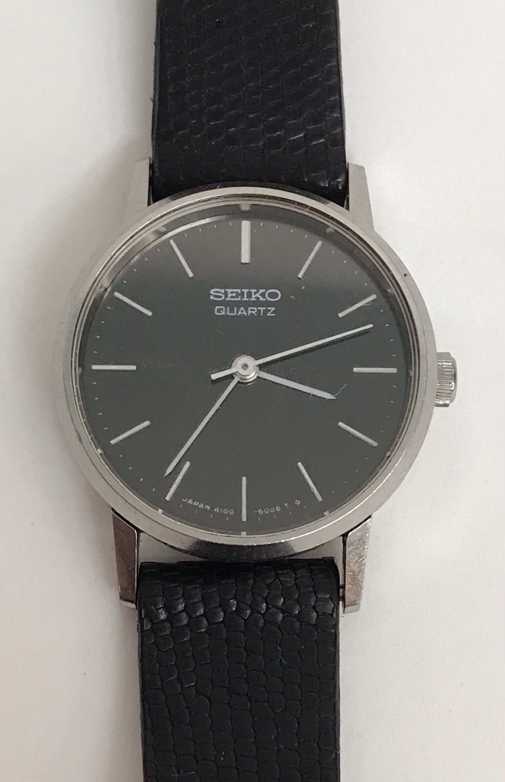 Seiko Black Dial Black Band Quartz Watch-4100-6007 13mm Lizard Strap *Read*