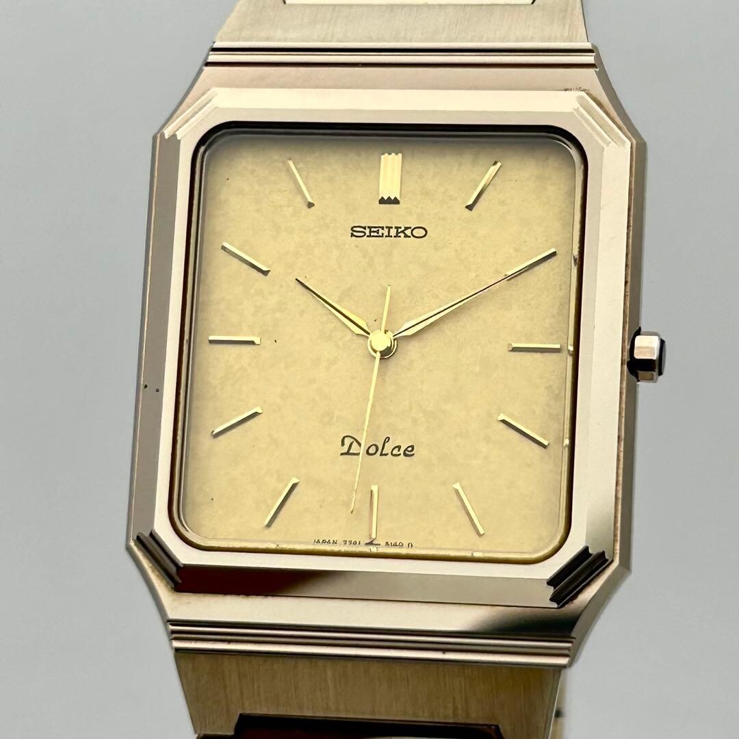 SEIKO Dolce 7741-5120 Quartz Gold Tone Rectangular Vintage Mens Watch Japan