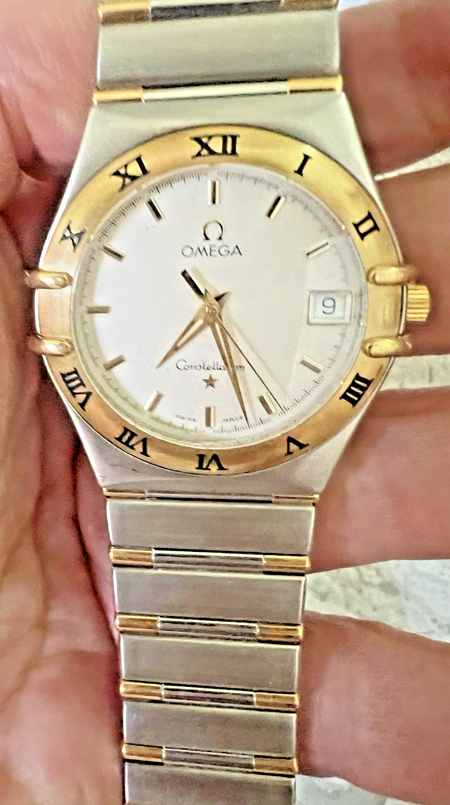 Omega Constellation SS/18k Half Bar Cream Guilloche Dial Watch Cal 1532 NICE