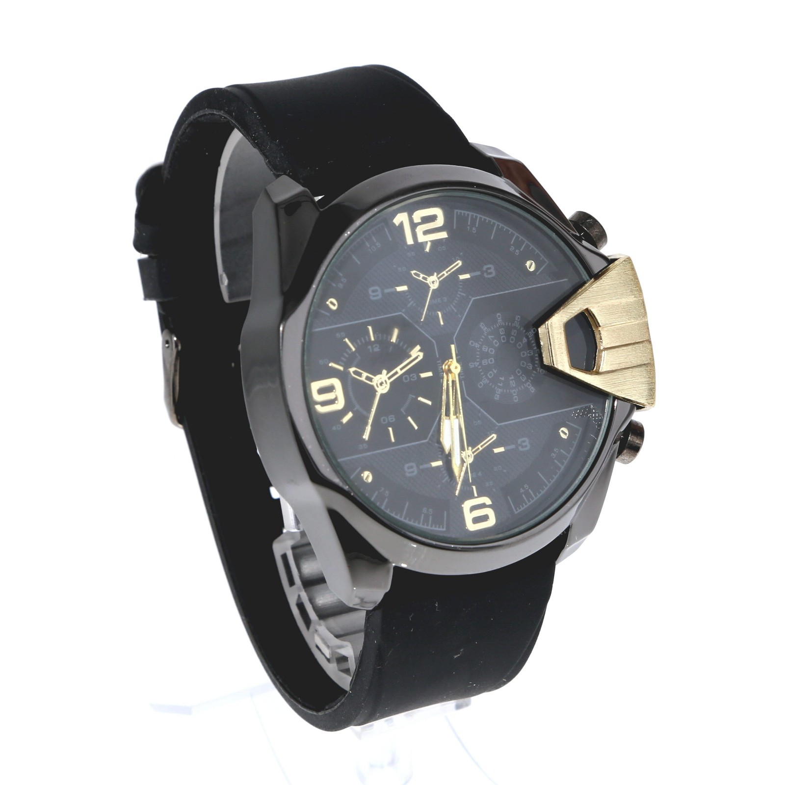 Men’s Oversize Watch Designer Style Gold & Black Finish Silicone Band`