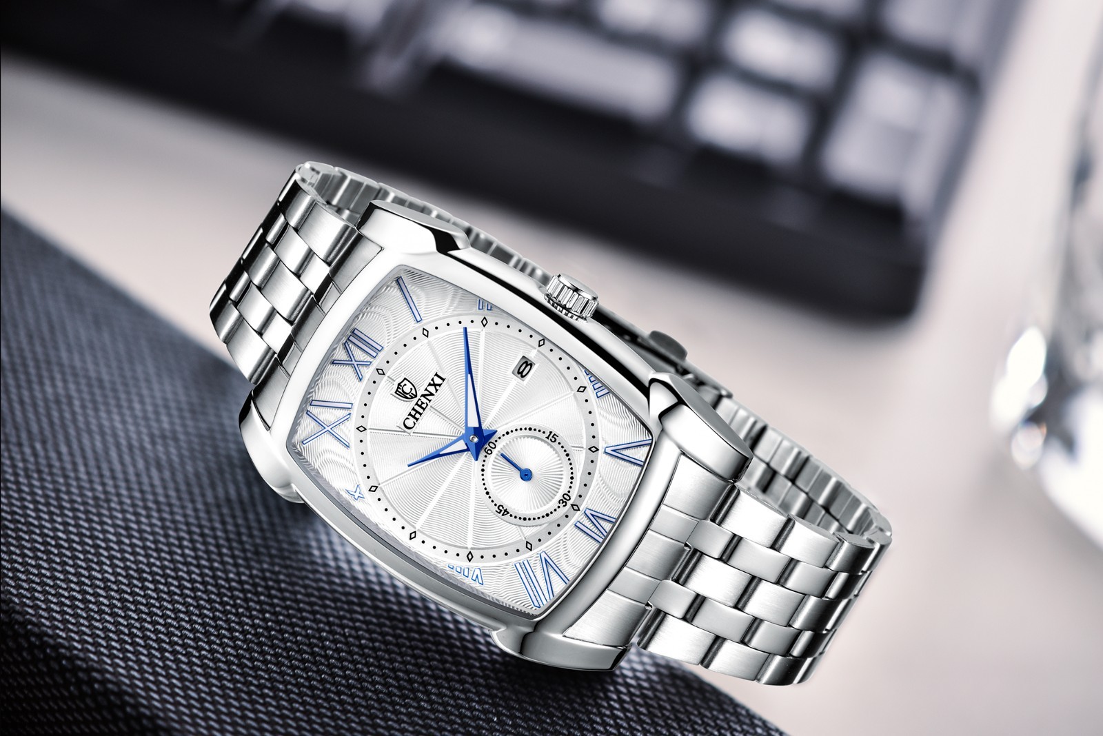 CHENXI Men’s Stainless Steel Rectangle Luminous Business Calendar Quartz Watch