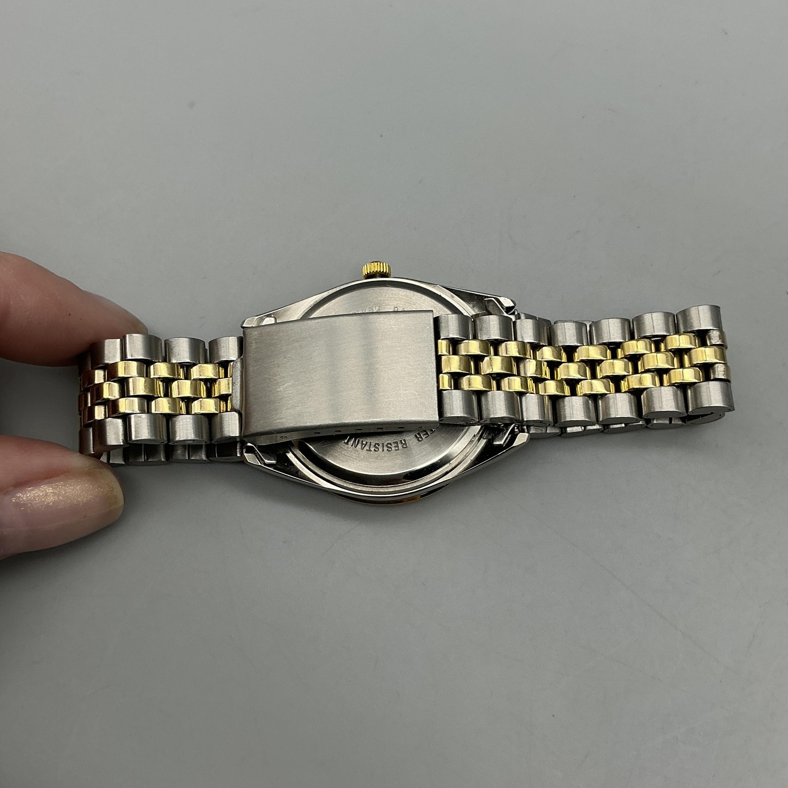 Benrus Mens Watch 36mm Blue Dial Day Date Gold Bezel Two Tone New Battery 7.75″