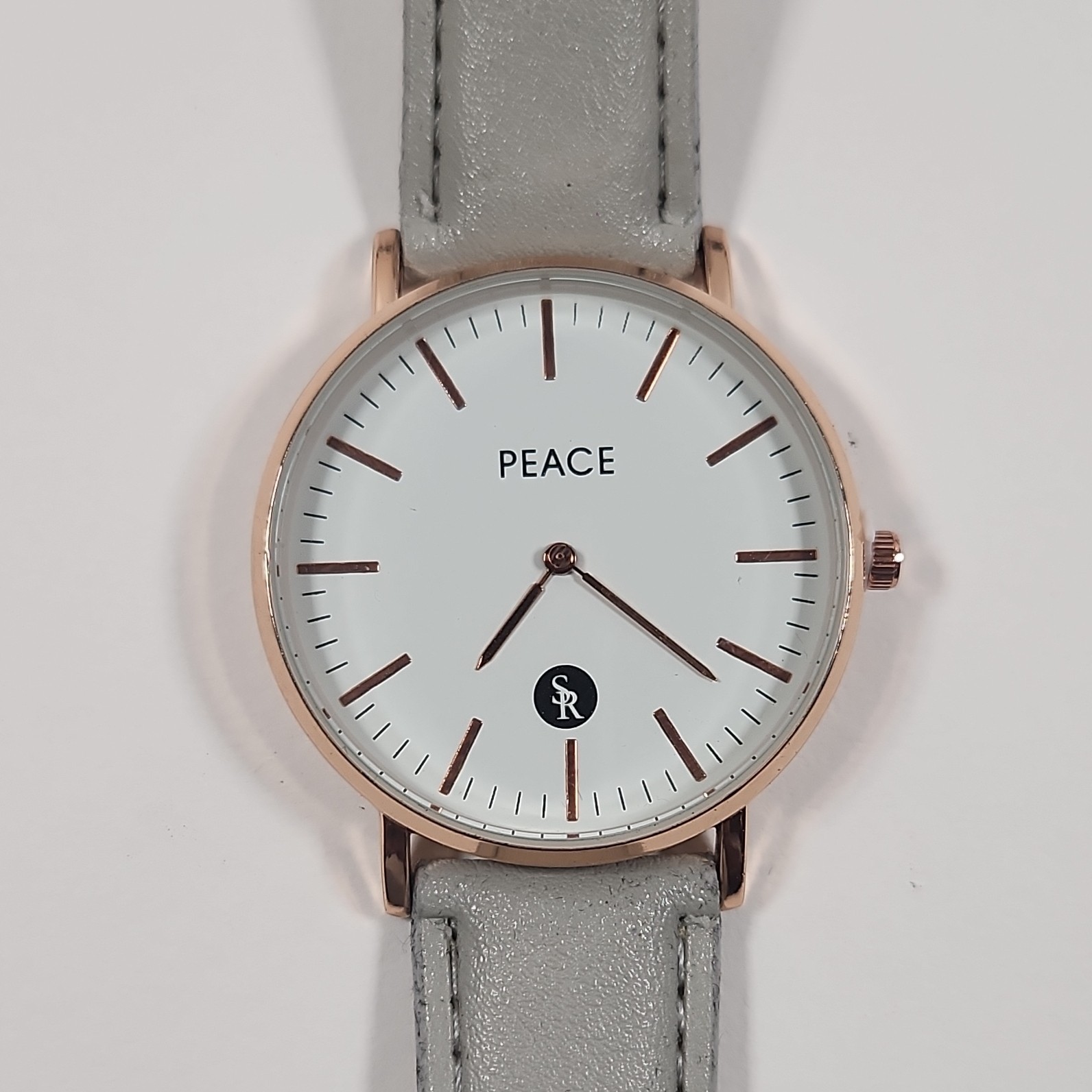 Peace Women’s Quartz Analog Watch Rose Gold Metal Case Gray Faux Leather Strap