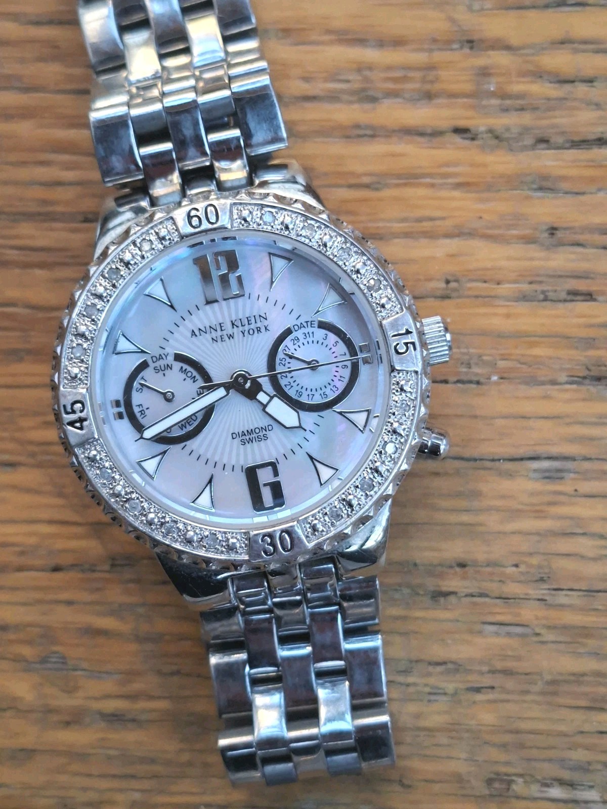 Anne Klein day/date 12/1977 gemmed stainless steel Ladies luxury watch